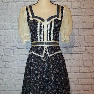Vintage Gunne Sax by Jessica Floral Polka Dot Corset Tie Lace Midi Dress